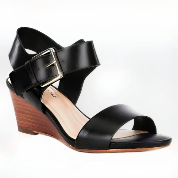 Preston & York Leather Designer Wedges Ladies Size 7 In Genuine Black Leather - Picture 2 of 6